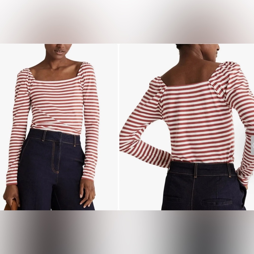 BODEN WOMENS TERRACOTTA WHITE STRIPE LONG SLEEVE OFF SHOULDER COTTON TOP SIZE 10